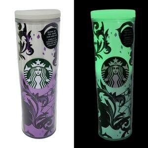 Starbucks Tumbler 16oz Halloween Glow in the Dark Cat Spider White Purple 2021‎